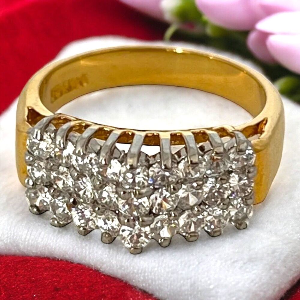 Vintage Ring Size 5 Cubic Zirconia Cluster 14K Gold Plate Mid-Century MCM 3D